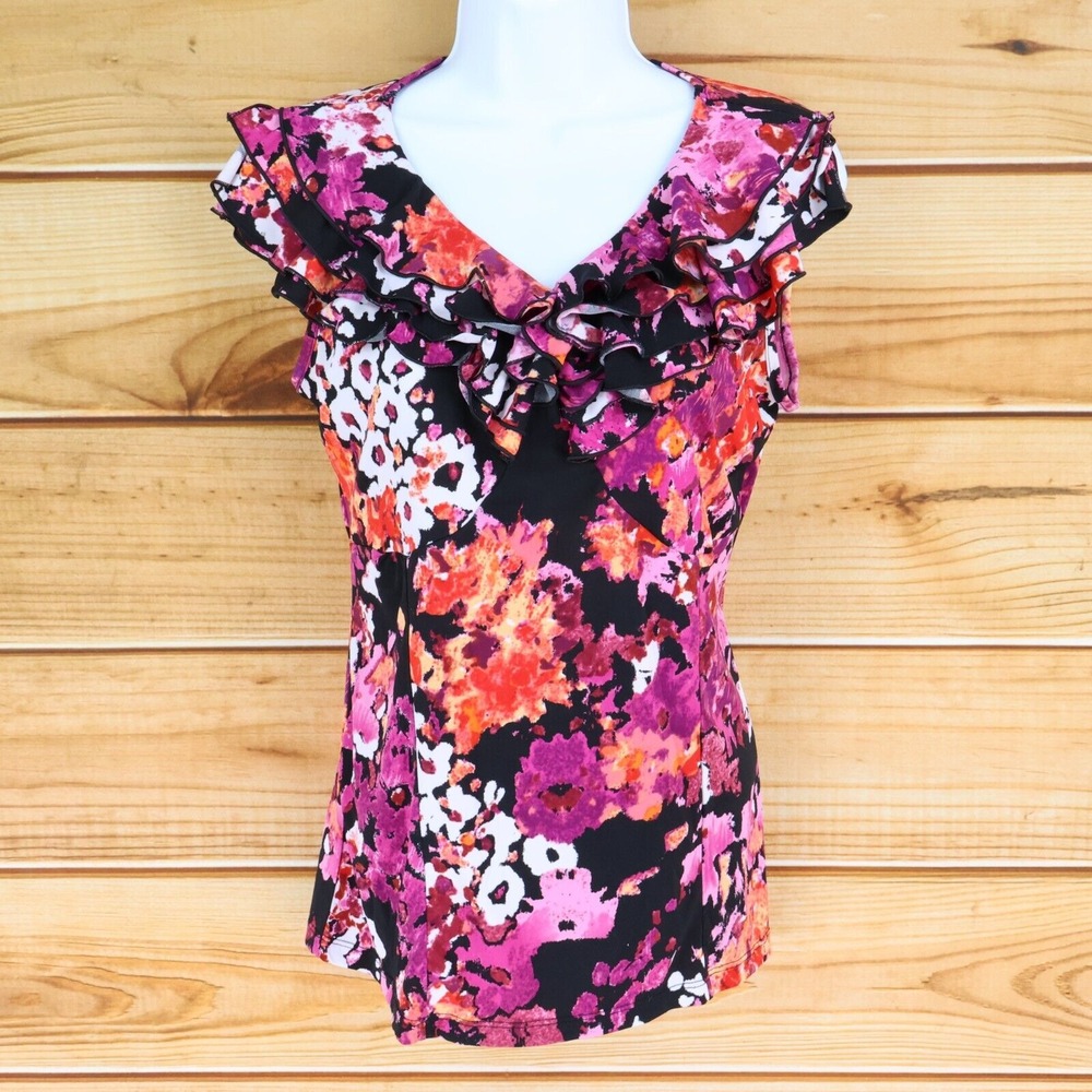 Susan Lawrence Blouse V-Neck Womens Size‎ M Multicolor Floral Ruffles Cap Sleeve